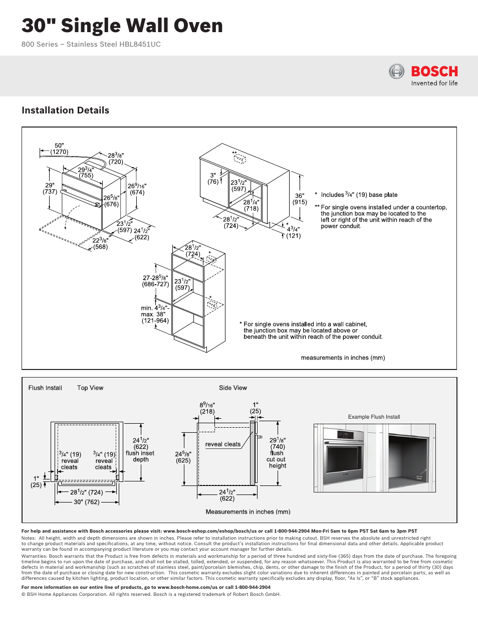 30" single wall oven, Installation details | Bosch HBL8451UC User Manual | Page 2 / 3