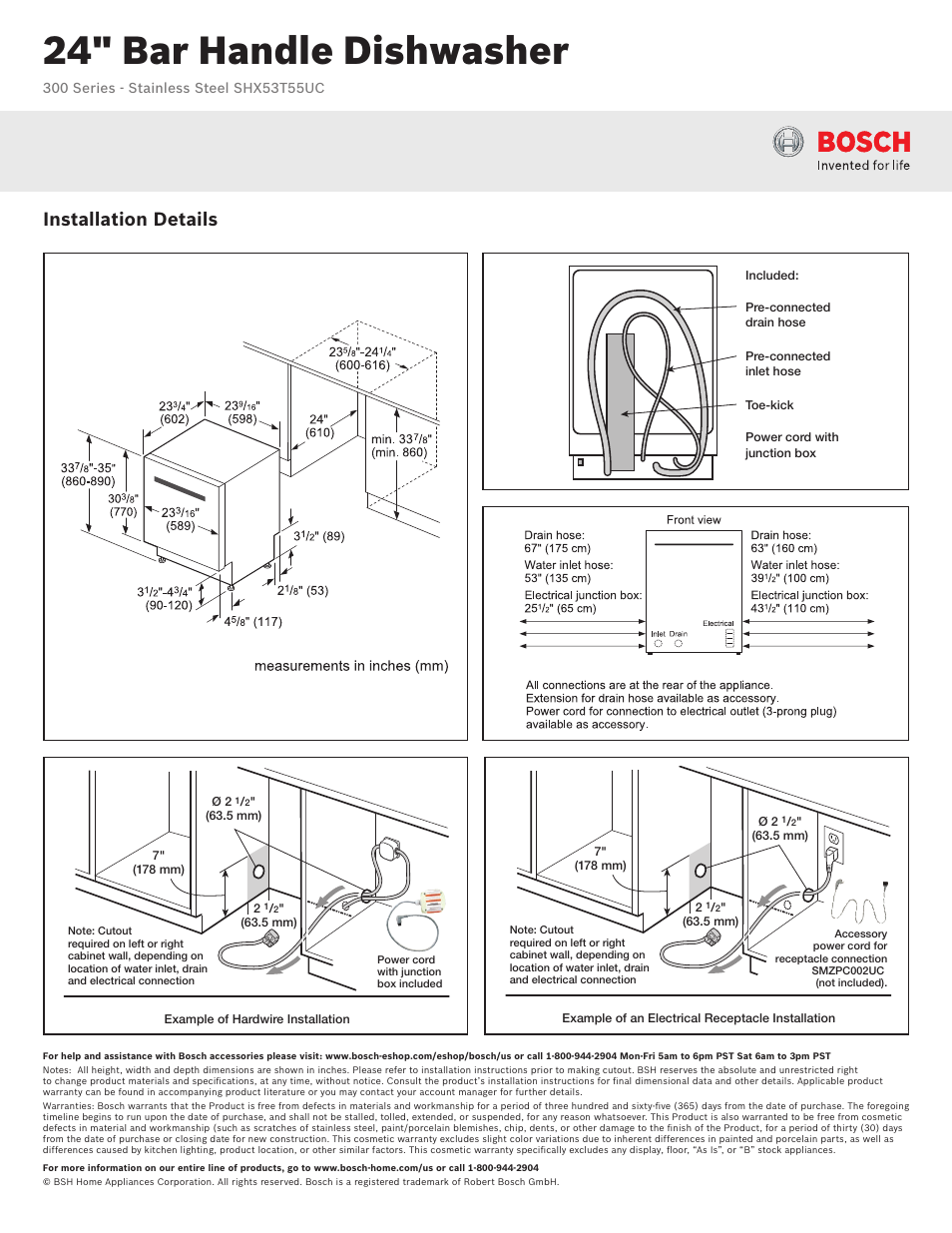 24" bar handle dishwasher, Installation details | Bosch SHX53T55UC User Manual | Page 2 / 3