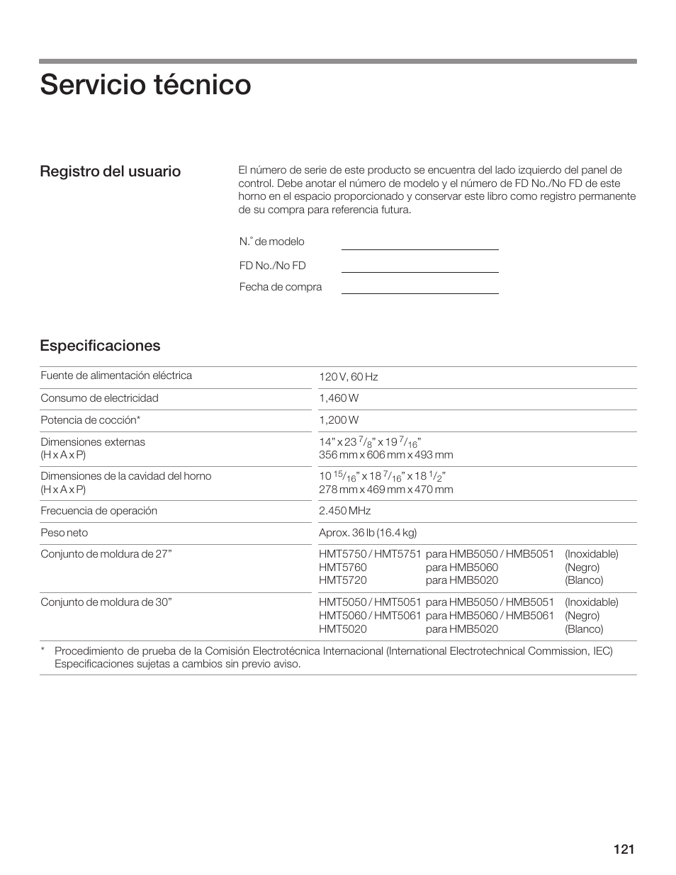 Servicio técnico, Registro del usuario especificaciones | Bosch HMB5051 User Manual | Page 121 / 124