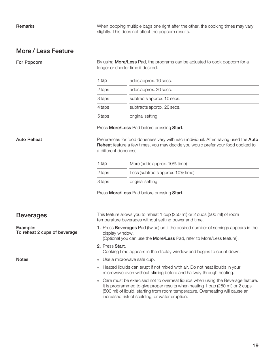 More / less feature, Beverages | Bosch HMB5051 User Manual | Page 19 / 124