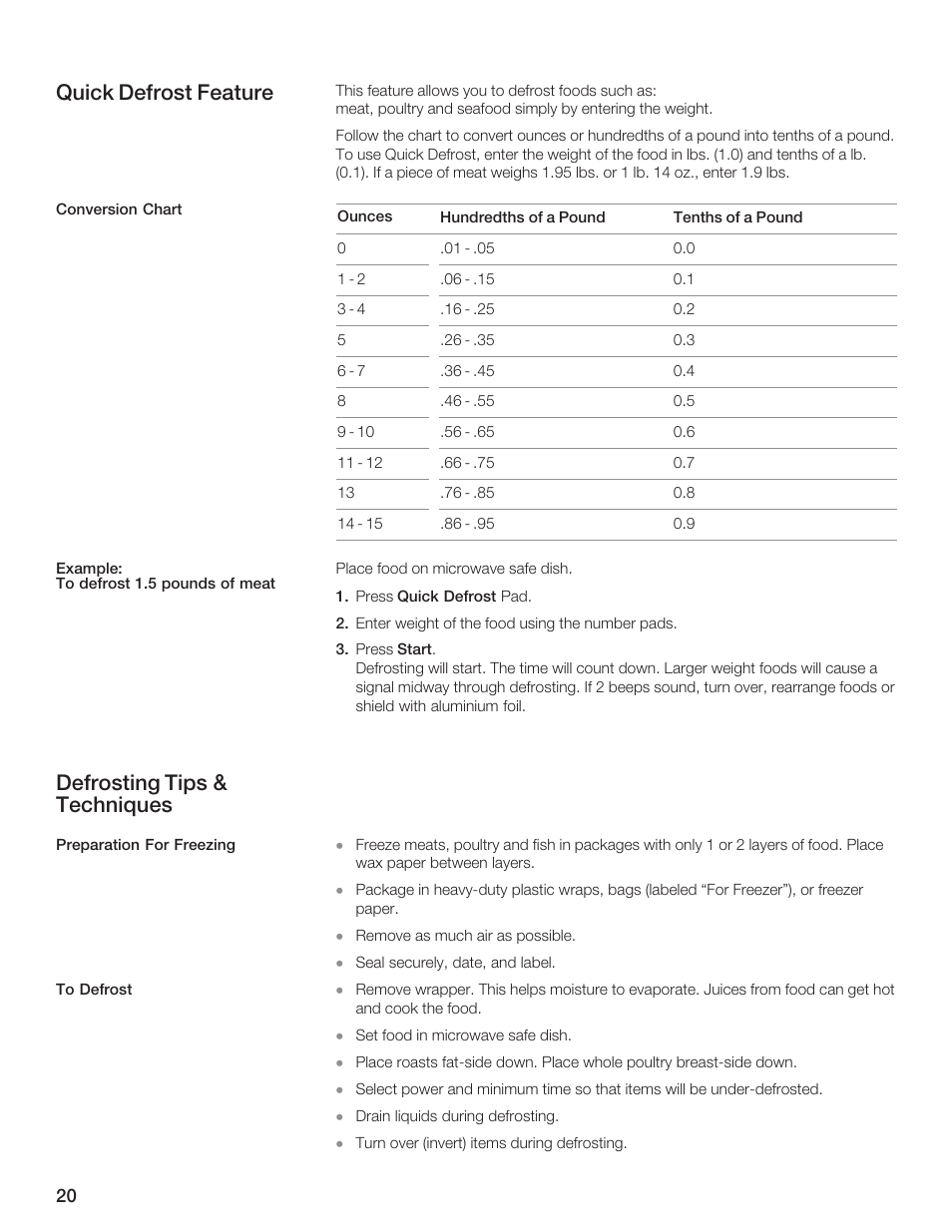 Quick defrost feature, Defrosting tips & techniques | Bosch HMB5051 User Manual | Page 20 / 124