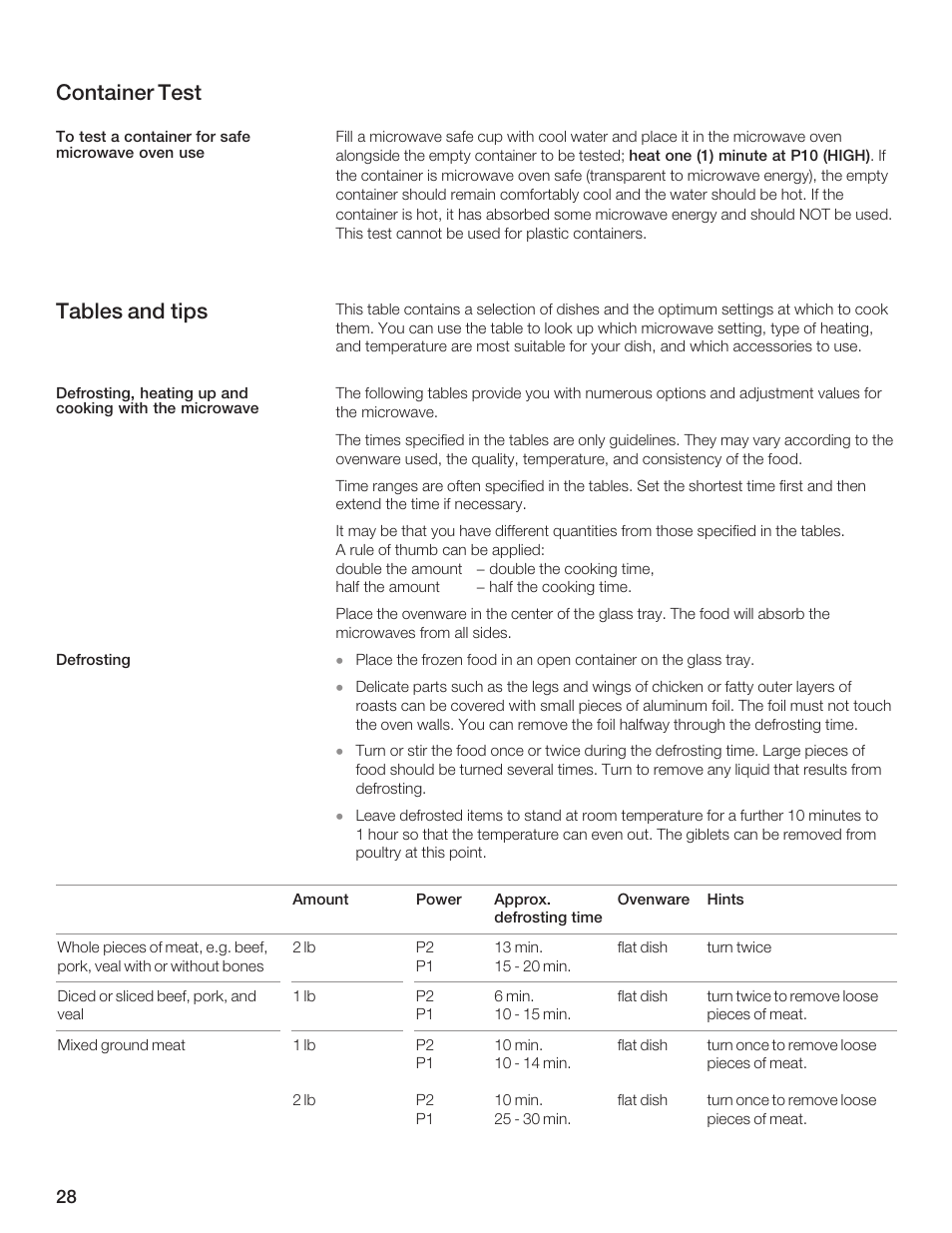 Container test, Tables and tips | Bosch HMB5051 User Manual | Page 28 / 124