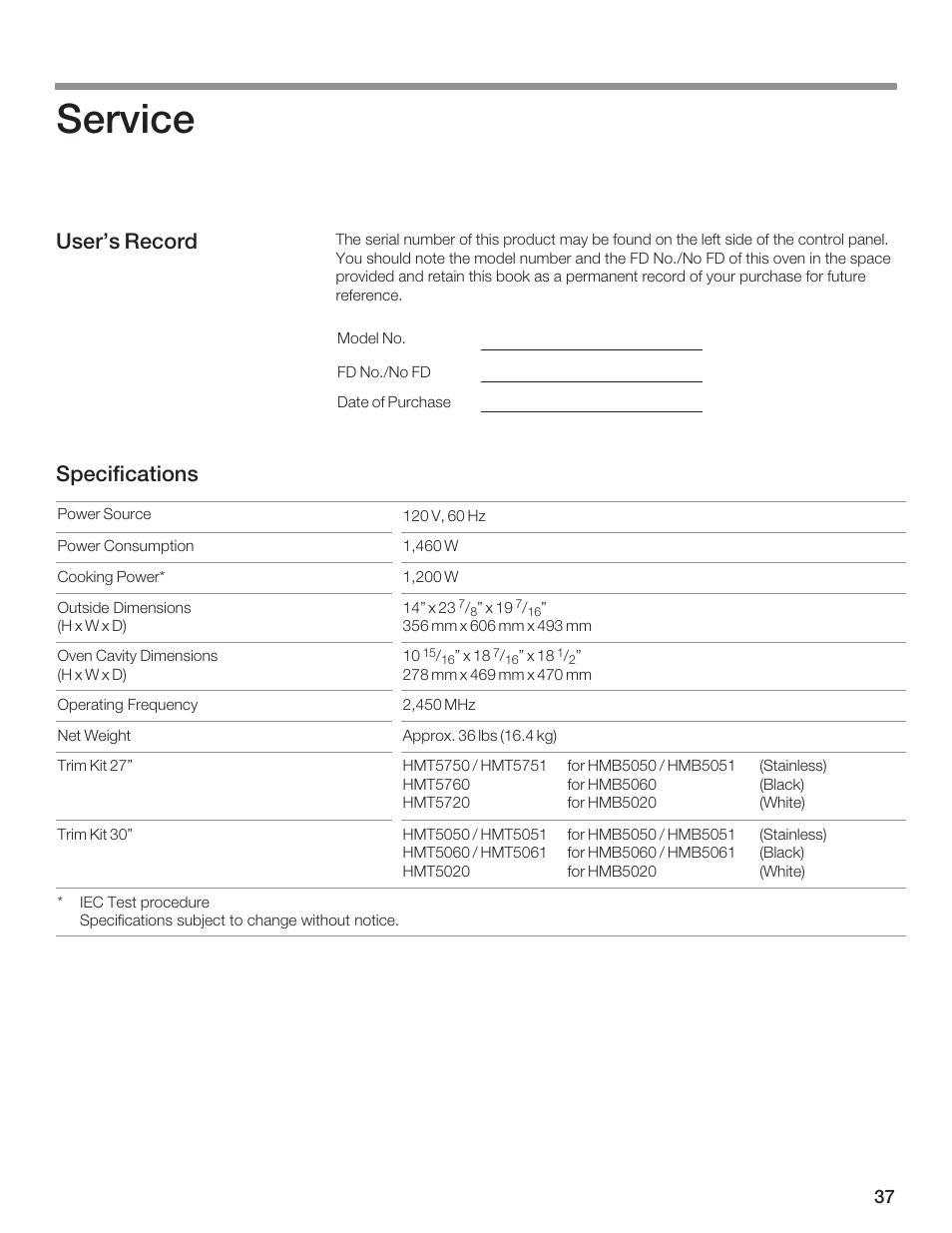 Service, User's record specifications | Bosch HMB5051 User Manual | Page 37 / 124