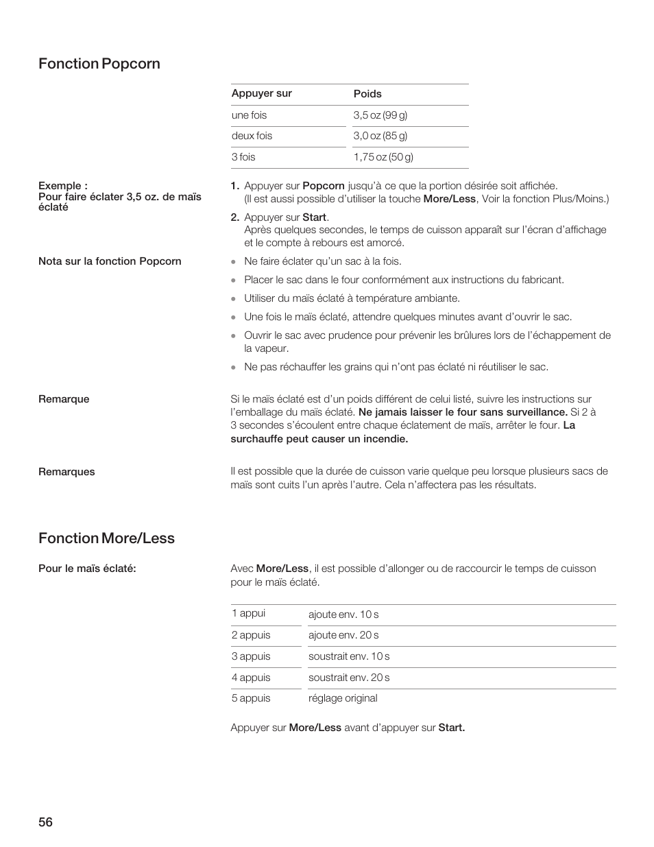 Fonction popcorn, Fonction more/less | Bosch HMB5051 User Manual | Page 56 / 124