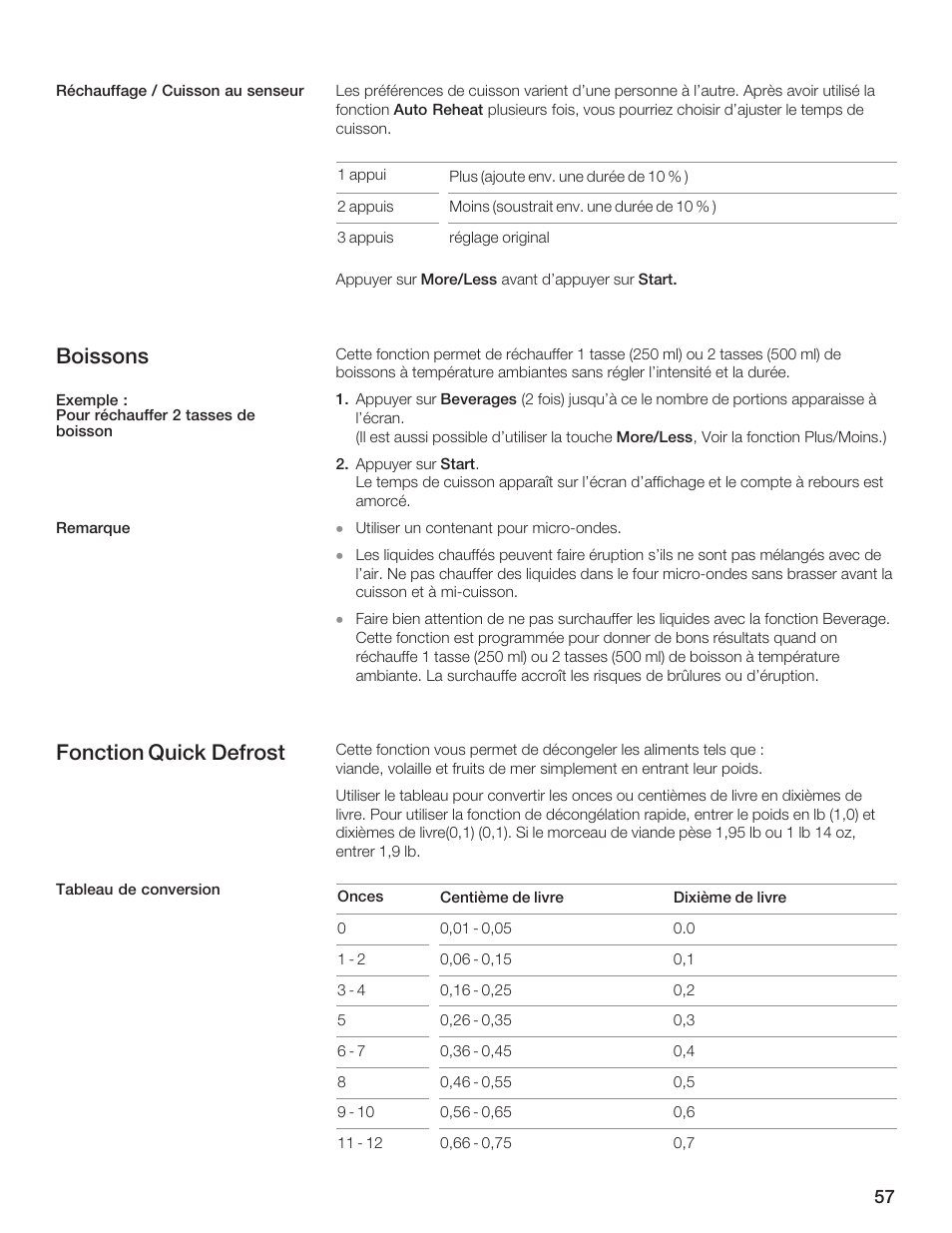 Boissons, Fonction quick defrost | Bosch HMB5051 User Manual | Page 57 / 124