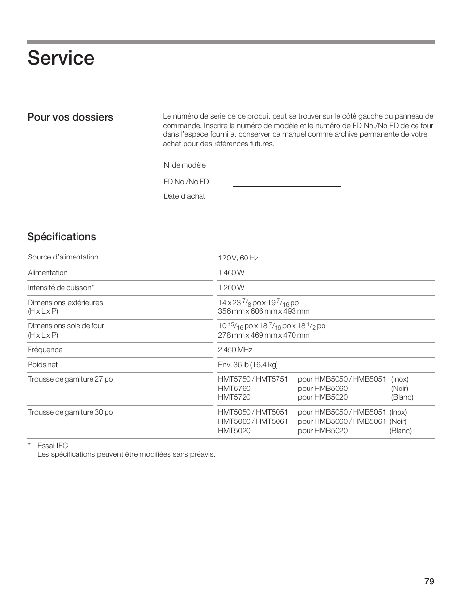 Service, Pour vos dossiers spécifications | Bosch HMB5051 User Manual | Page 79 / 124