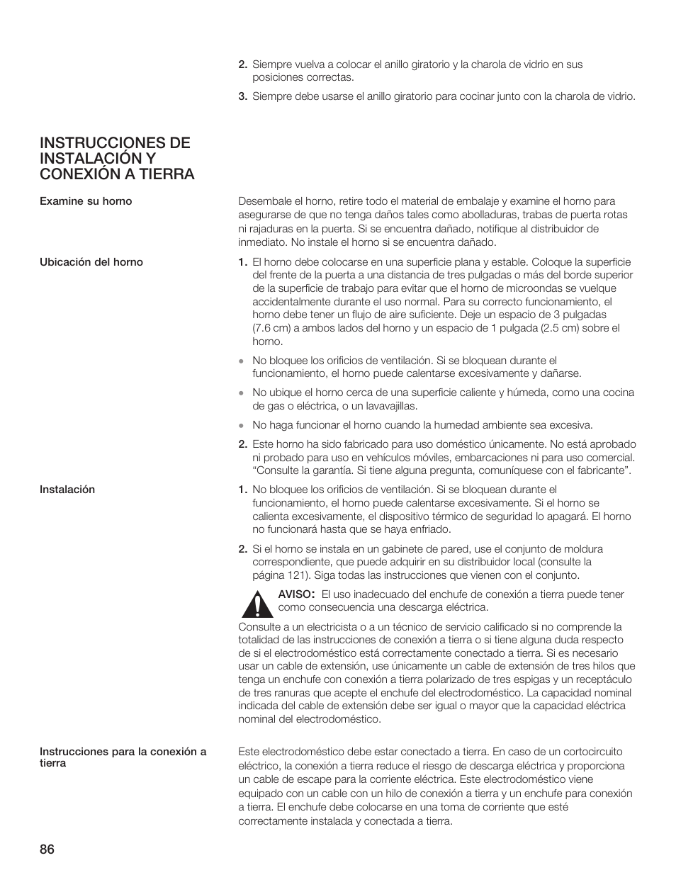 Instrucciones de instalación y conexión a tierra | Bosch HMB5051 User Manual | Page 86 / 124