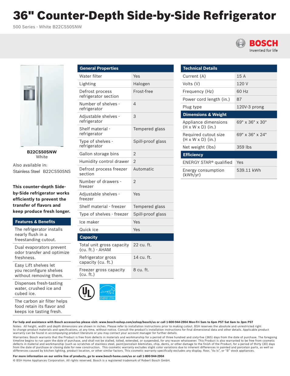 Bosch B22CS50SNW User Manual | 2 pages