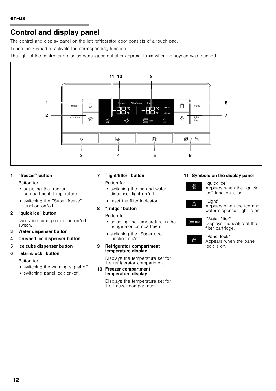 Control and display panel, En-us 12 | Bosch B26FT70SNS User Manual | Page 12 / 78