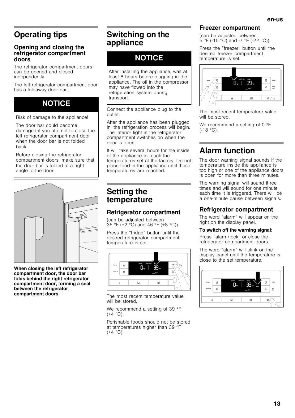 Operating tips, Switching on the appliance, Setting the temperature | Alarm function, Notice | Bosch B26FT70SNS User Manual | Page 13 / 78