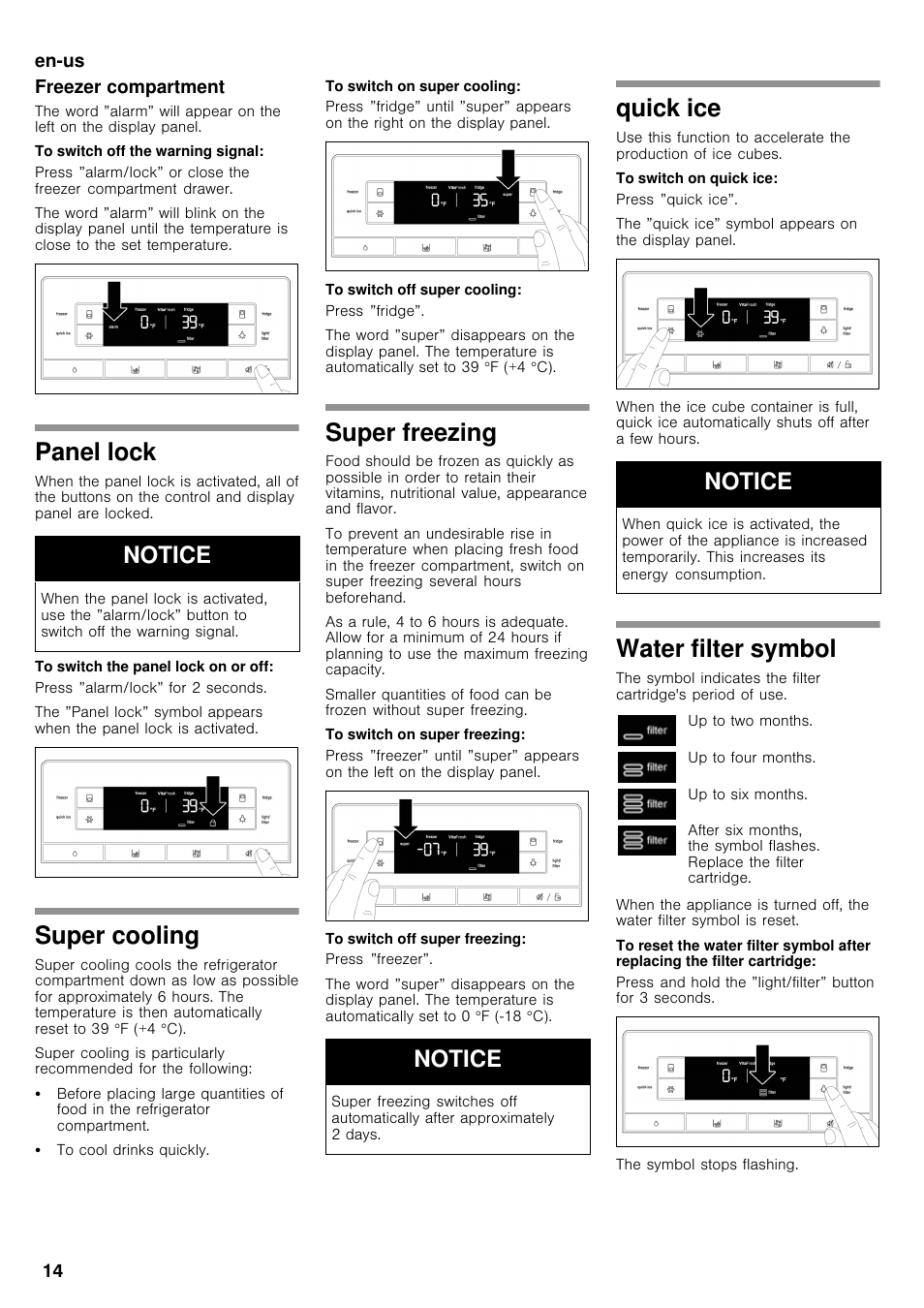 Panel lock, Super cooling, Super freezing | Quick ice, Water filter symbol, Notice | Bosch B26FT70SNS User Manual | Page 14 / 78