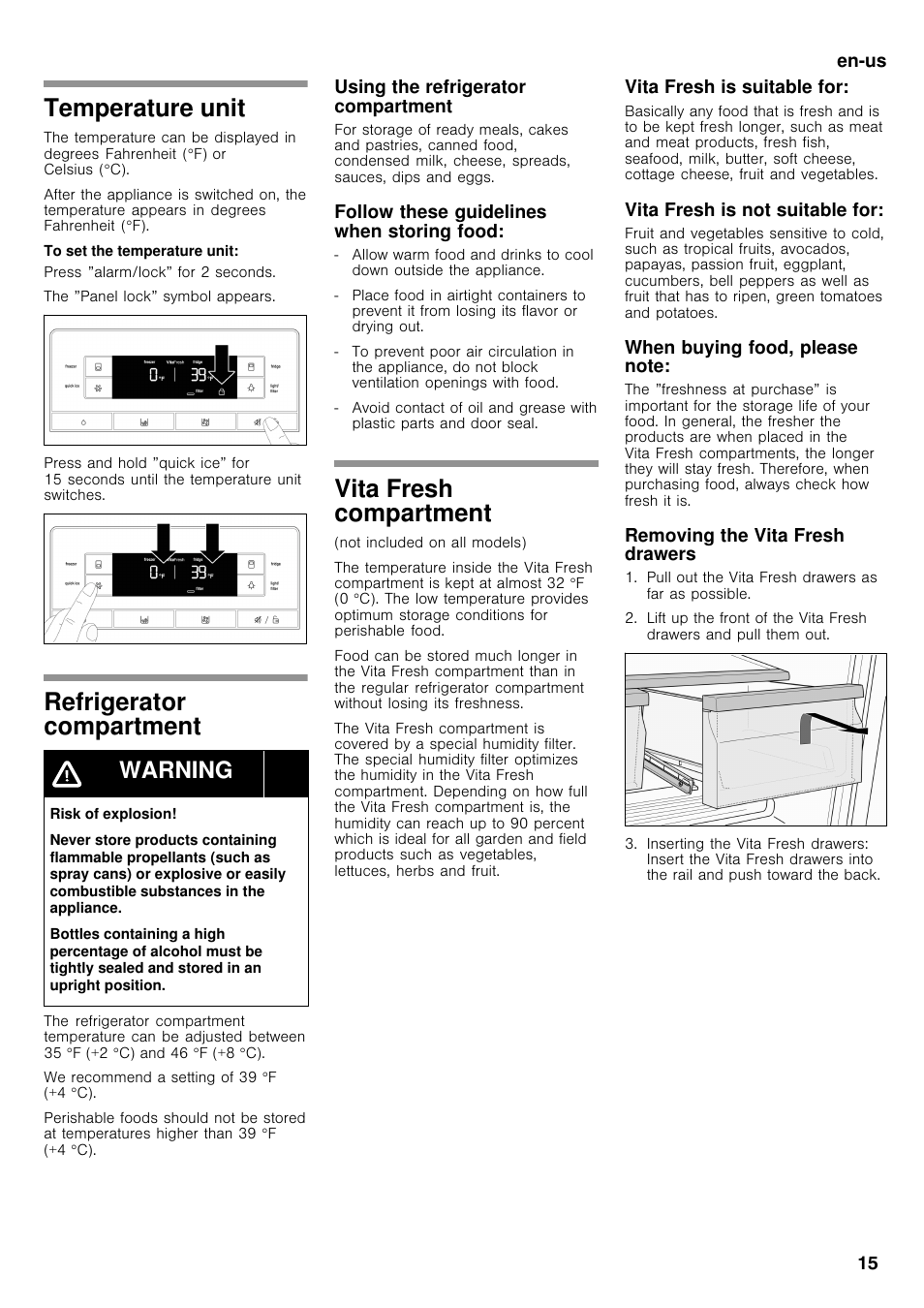 Temperature unit, Refrigerator compartment, Vita fresh compartment | Warning | Bosch B26FT70SNS User Manual | Page 15 / 78