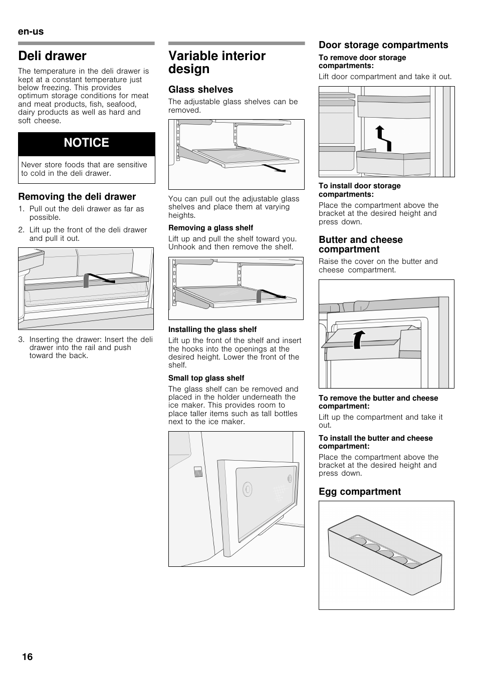 Deli drawer, Variable interior design, Notice | Bosch B26FT70SNS User Manual | Page 16 / 78