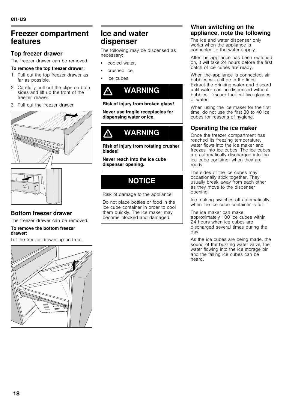 Freezer compartment features, Ice and water dispenser, Warning | Notice | Bosch B26FT70SNS User Manual | Page 18 / 78