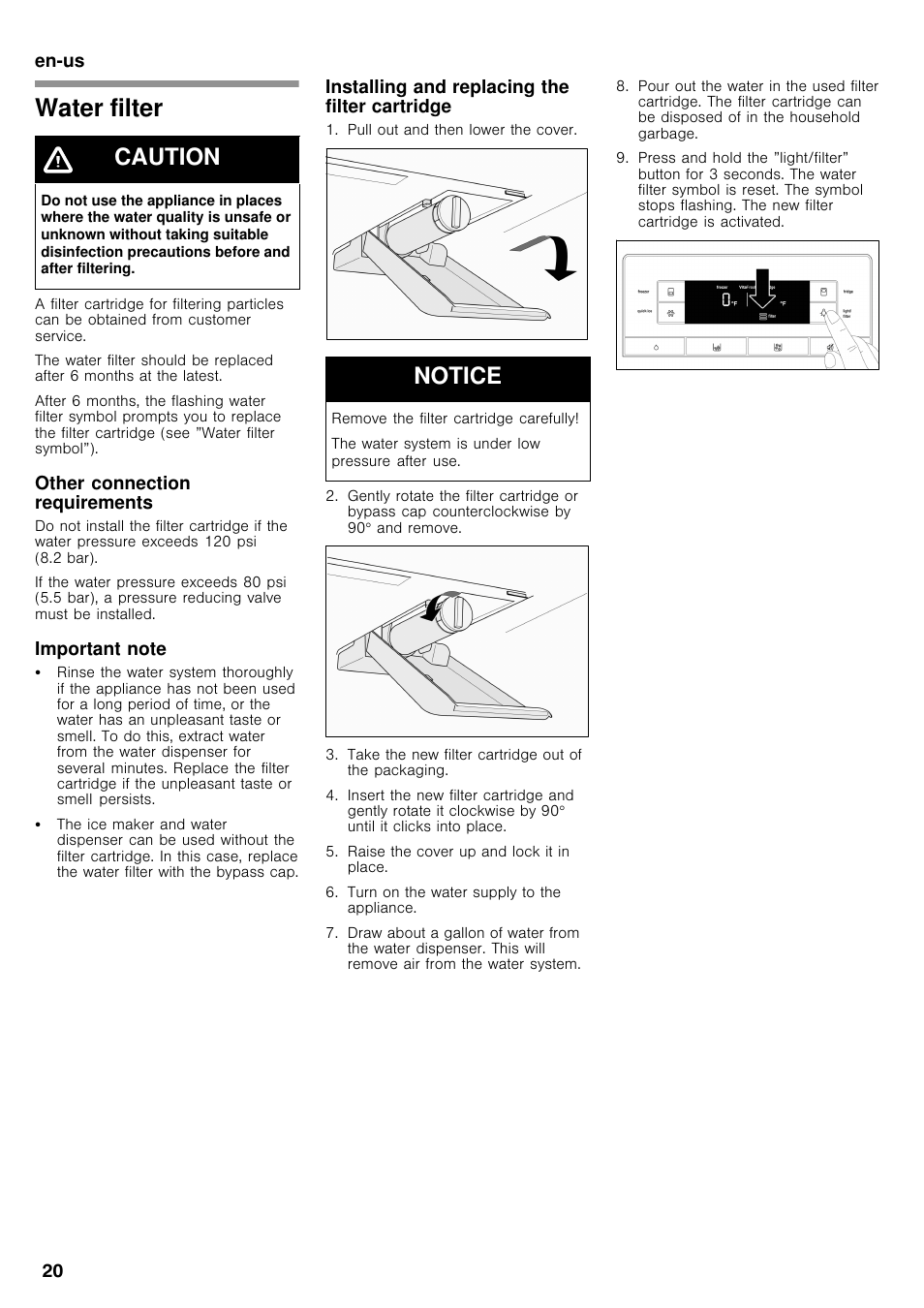 Water filter, Caution, Notice | Bosch B26FT70SNS User Manual | Page 20 / 78