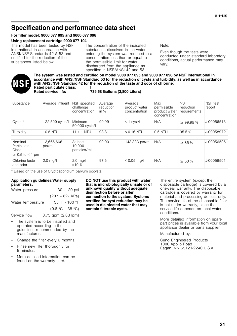 Specification and performance data sheet, En-us 21 | Bosch B26FT70SNS User Manual | Page 21 / 78