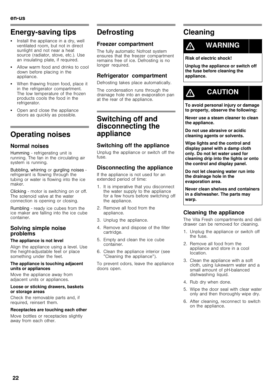 Energy-saving tips, Operating noises, Defrosting | Switching off and disconnecting the appliance, Cleaning, Warning, Caution | Bosch B26FT70SNS User Manual | Page 22 / 78
