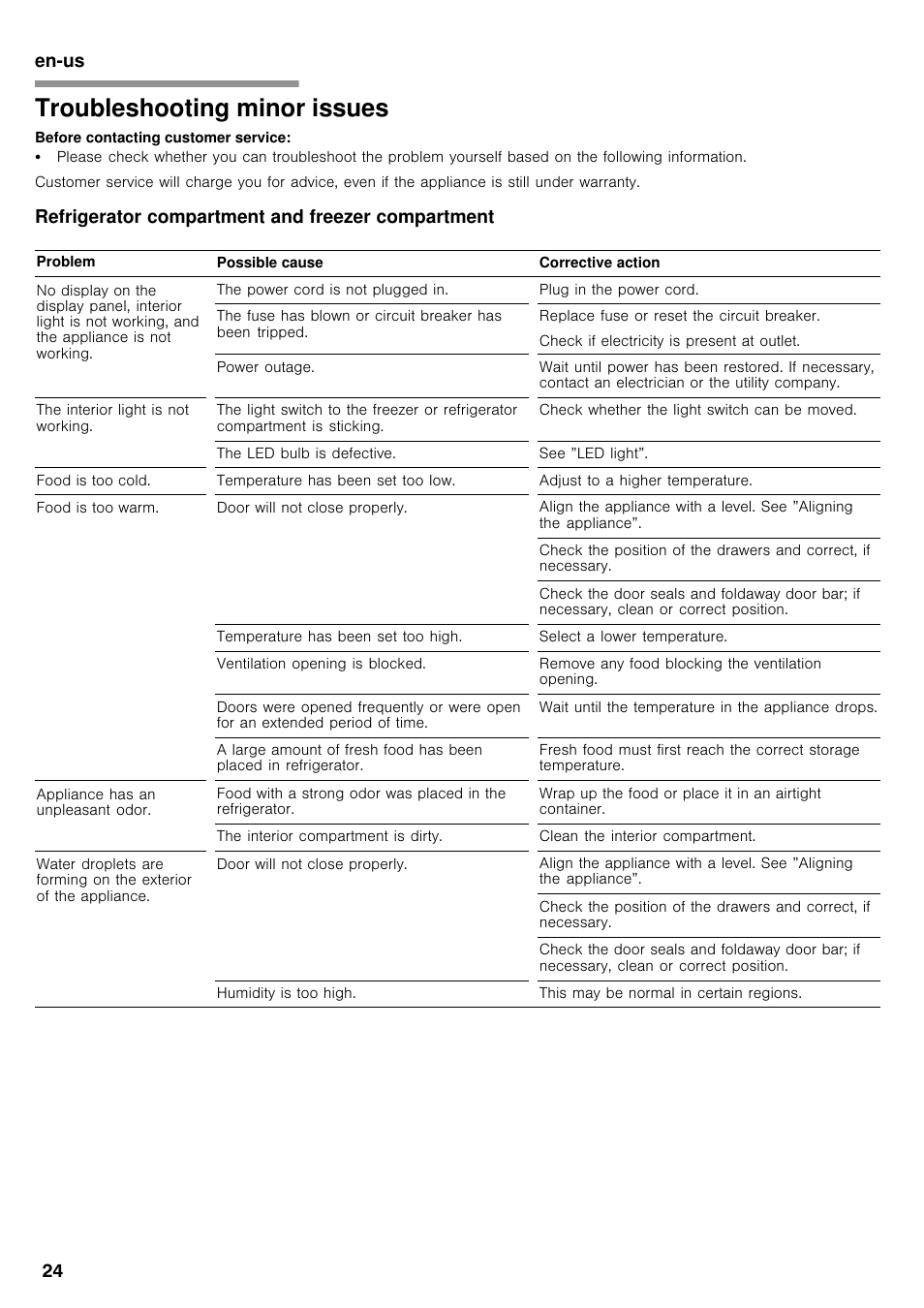 Troubleshooting minor issues, En-us 24, Refrigerator compartment and freezer compartment | Bosch B26FT70SNS User Manual | Page 24 / 78