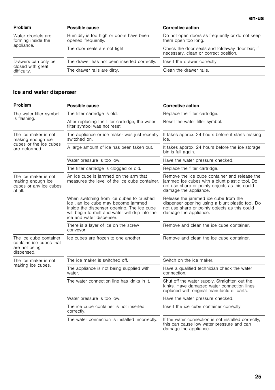 En-us 25, Ice and water dispenser | Bosch B26FT70SNS User Manual | Page 25 / 78