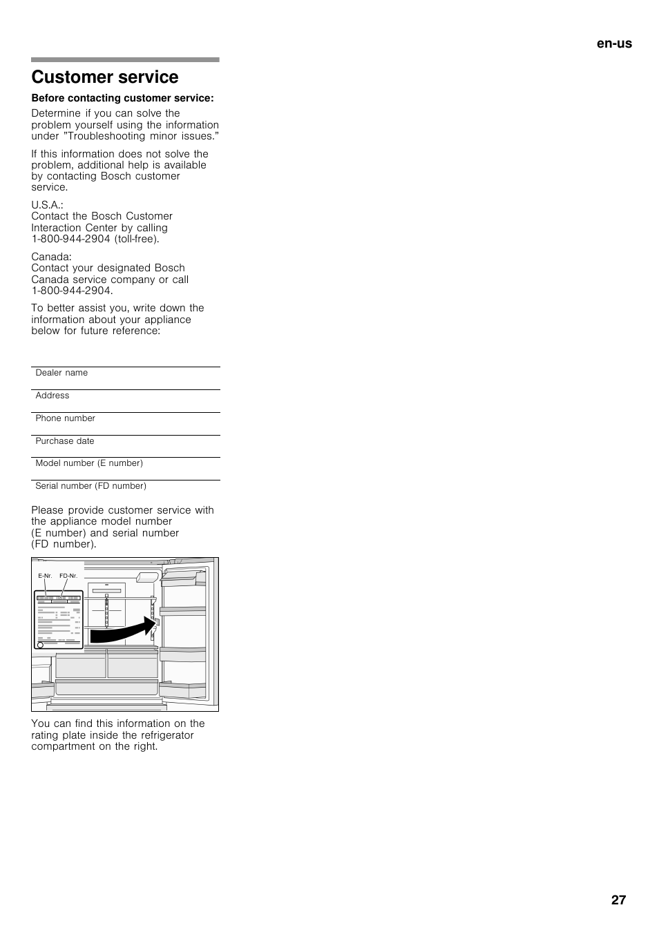 Customer service, En-us 27 | Bosch B26FT70SNS User Manual | Page 27 / 78
