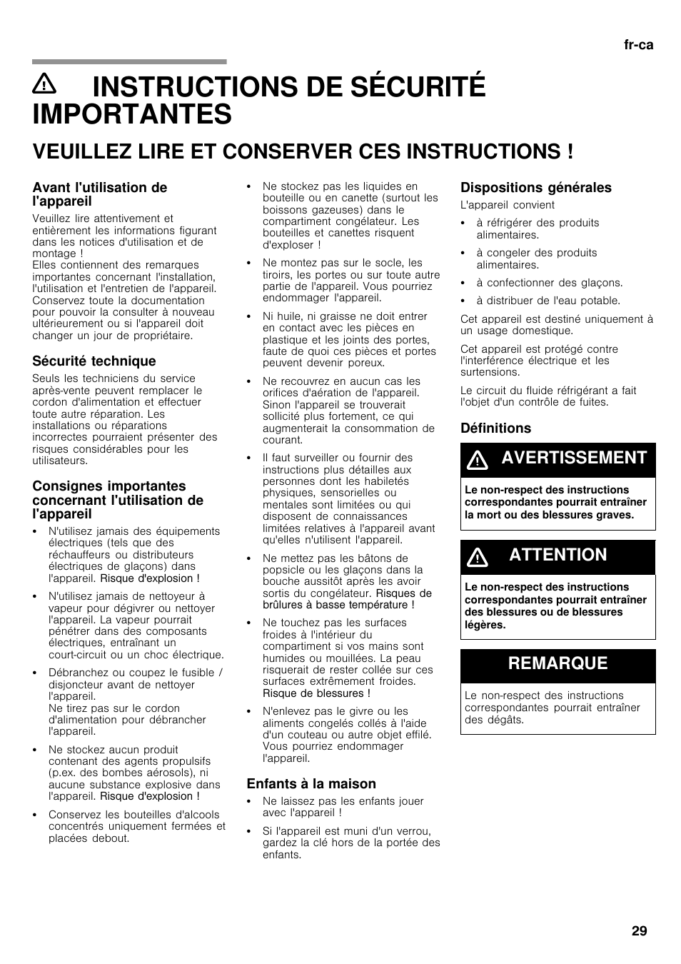 Instructions de sécurité importantes 29, Instructions de sécurité importantes, Veuillez lire et conserver ces instructions | Avertissement, Attention, Remarque | Bosch B26FT70SNS User Manual | Page 29 / 78