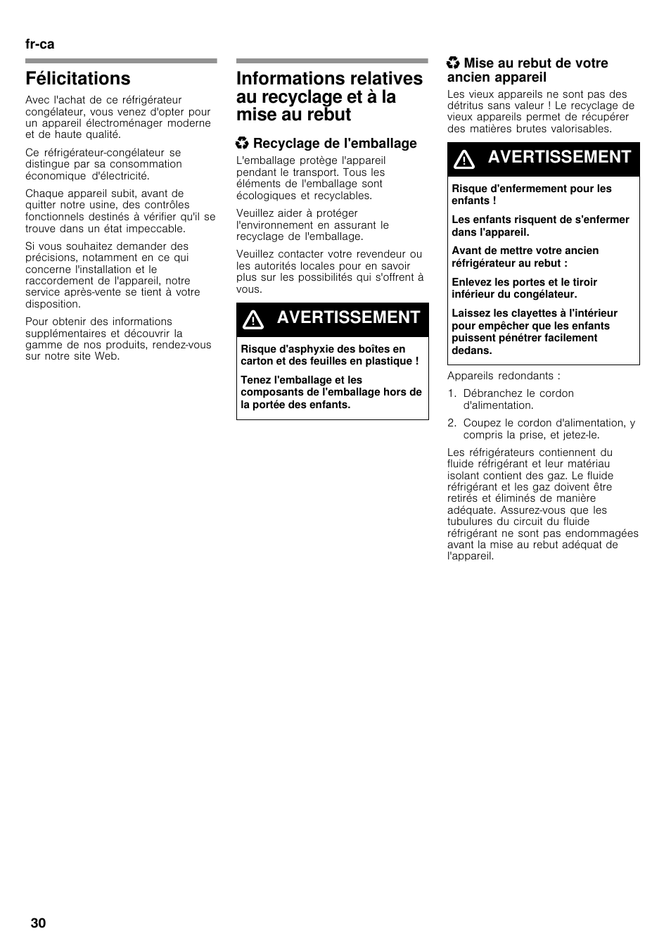 Félicitations, Informations relatives au recyclage et à la, Mise au rebut | Avertissement | Bosch B26FT70SNS User Manual | Page 30 / 78