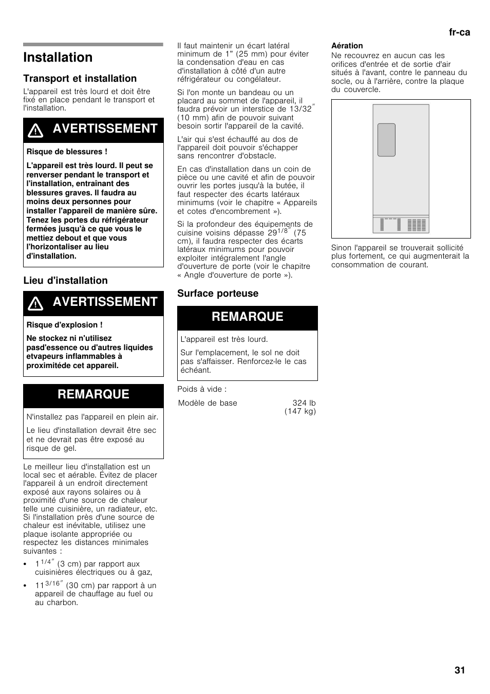 Installation, Avertissement, Remarque | Bosch B26FT70SNS User Manual | Page 31 / 78