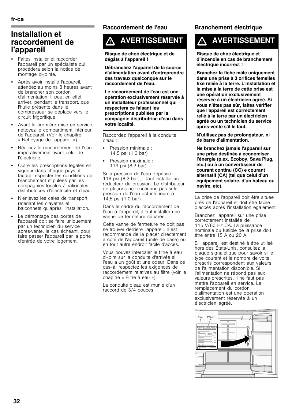 Installation et raccordement de l'appareil, Avertissement | Bosch B26FT70SNS User Manual | Page 32 / 78