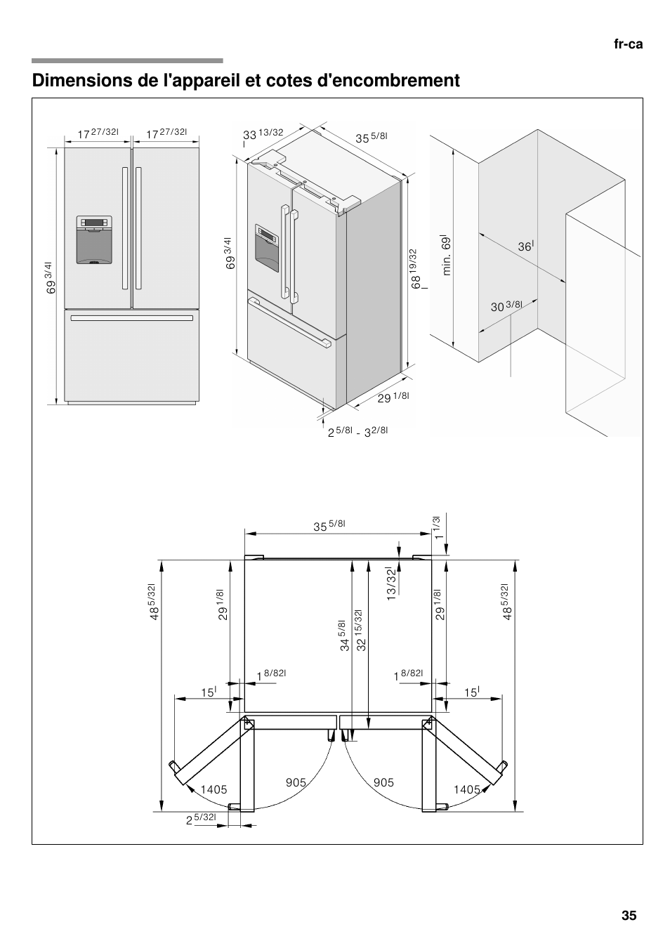 Dimensions de l'appareil et cotes, D'encombrement, Dimensions de l'appareil et cotes d'encombrement | Fr-ca 35 | Bosch B26FT70SNS User Manual | Page 35 / 78