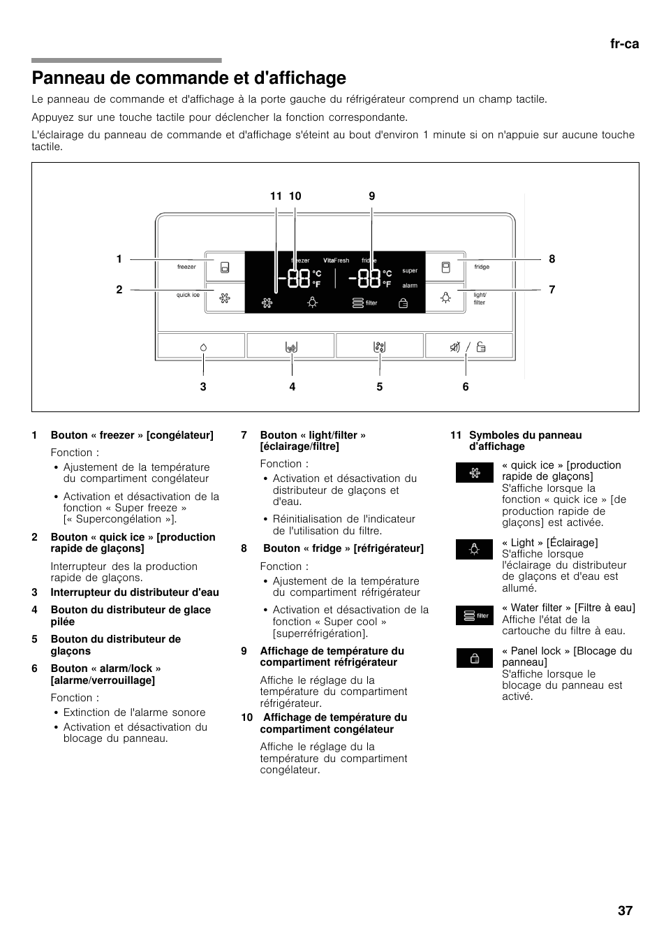 Panneau de commande et d'affichage, Fr-ca 37 | Bosch B26FT70SNS User Manual | Page 37 / 78