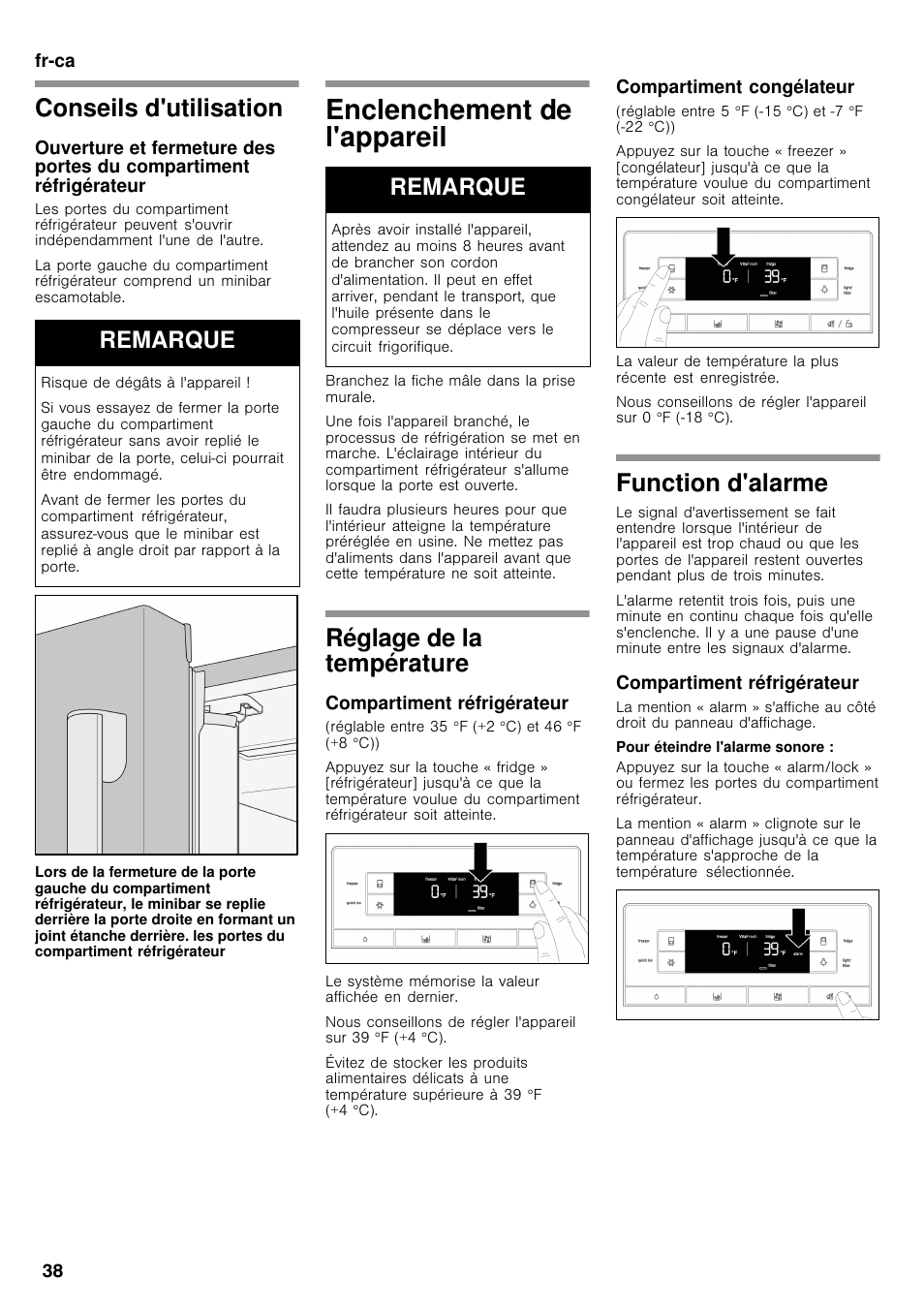Conseils d'utilisation, Enclenchement de l'appareil, Réglage de la température | Function d'alarme, Remarque | Bosch B26FT70SNS User Manual | Page 38 / 78