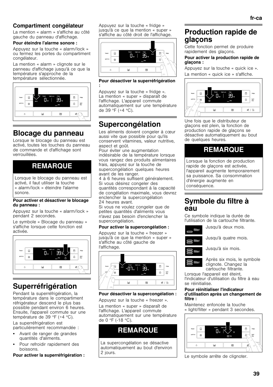 Blocage du panneau, Superréfrigération, Supercongélation | Production rapide de glaçons, Symbole du filtre à eau, Remarque | Bosch B26FT70SNS User Manual | Page 39 / 78