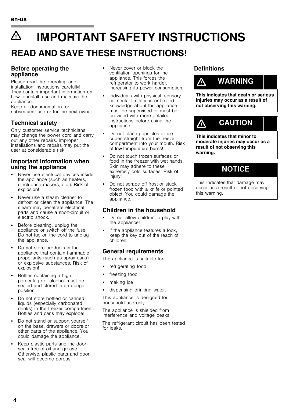 Important safety instructions, Read and save these instructions, Warning | Caution, Notice | Bosch B26FT70SNS User Manual | Page 4 / 78