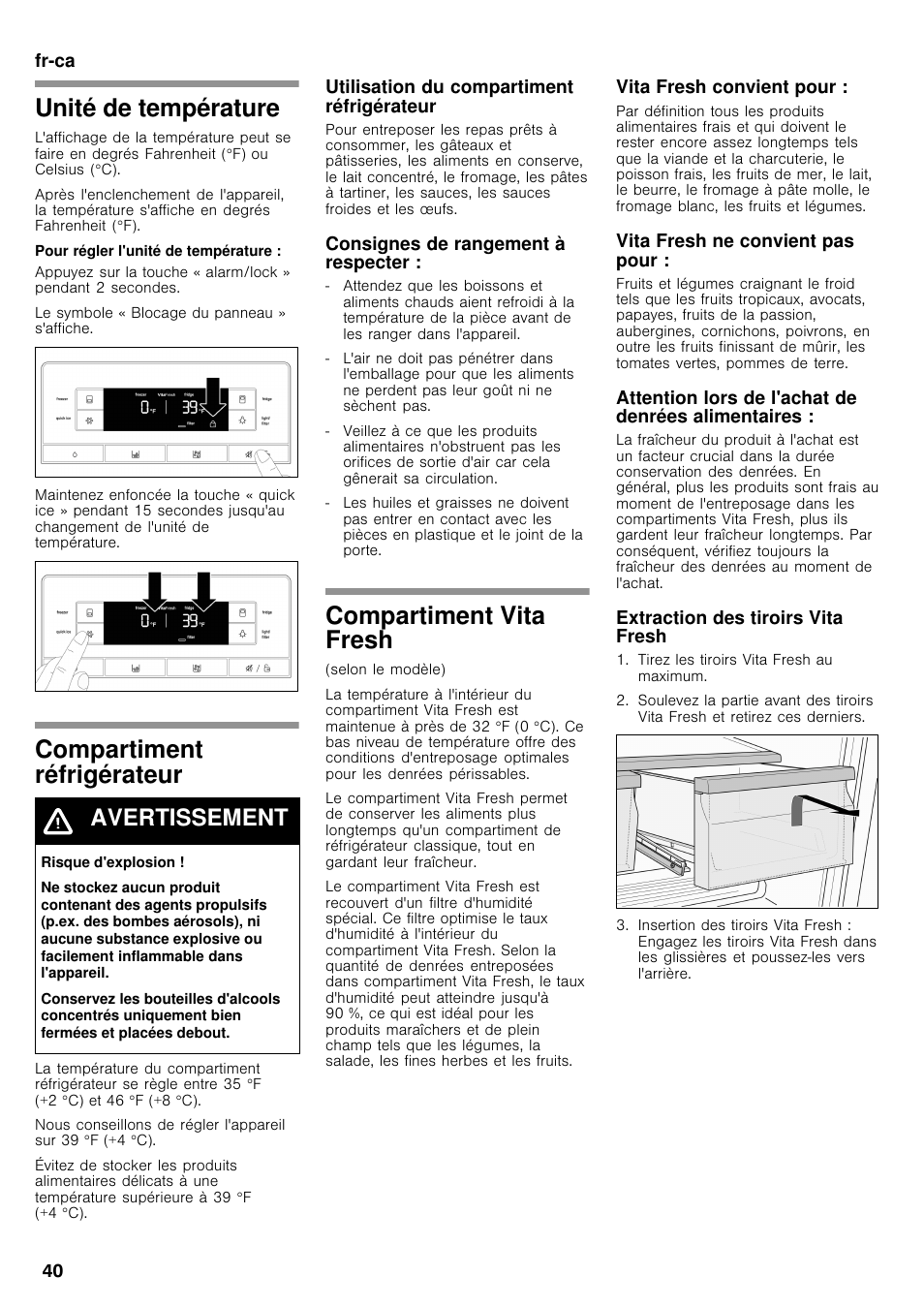 Unité de température, Compartiment réfrigérateur, Compartiment vita fresh | Avertissement | Bosch B26FT70SNS User Manual | Page 40 / 78