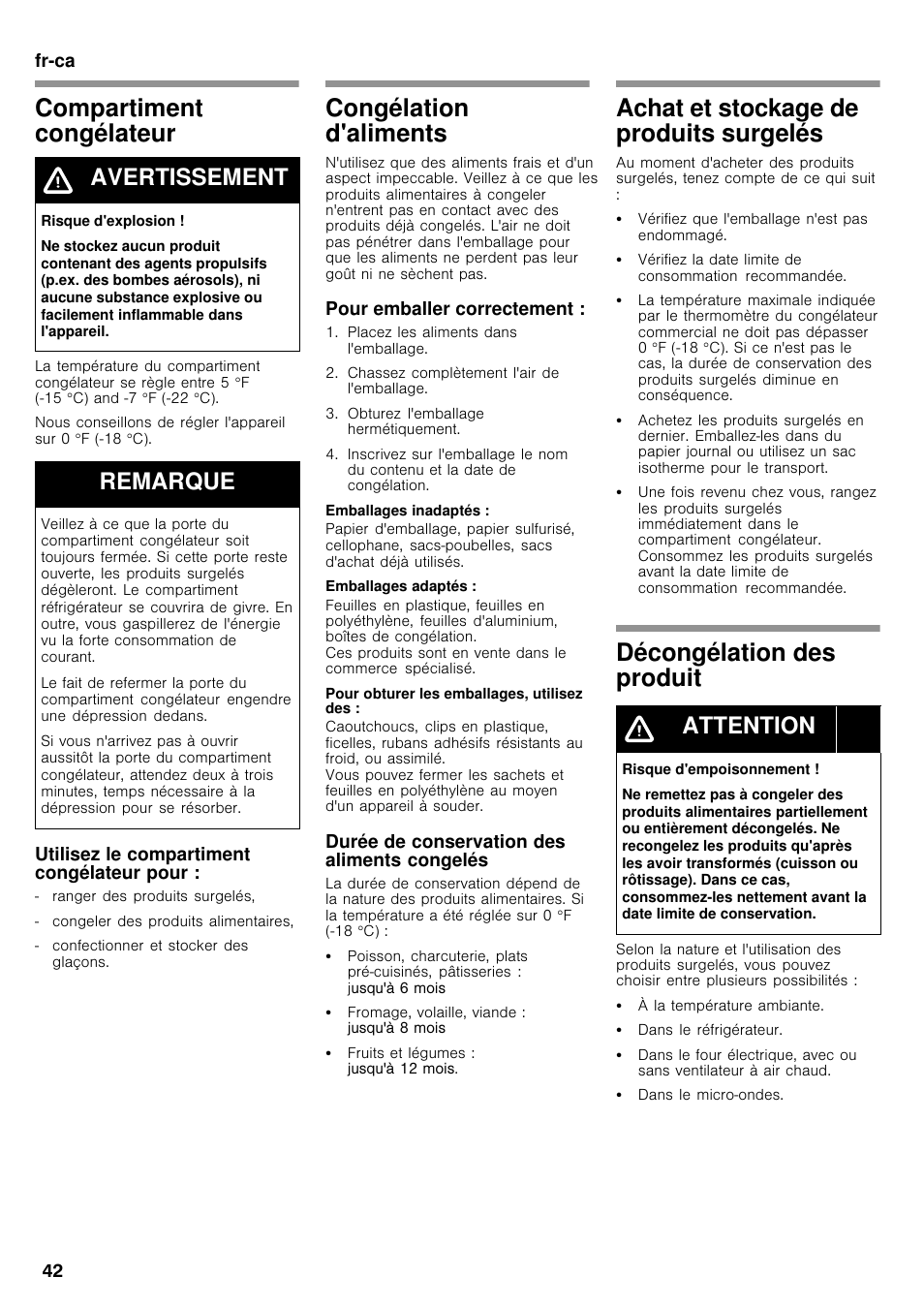 Compartiment congélateur, Congélation d'aliments, Achat et stockage de produits surgelés | Décongélation des produit, Avertissement, Remarque, Attention | Bosch B26FT70SNS User Manual | Page 42 / 78