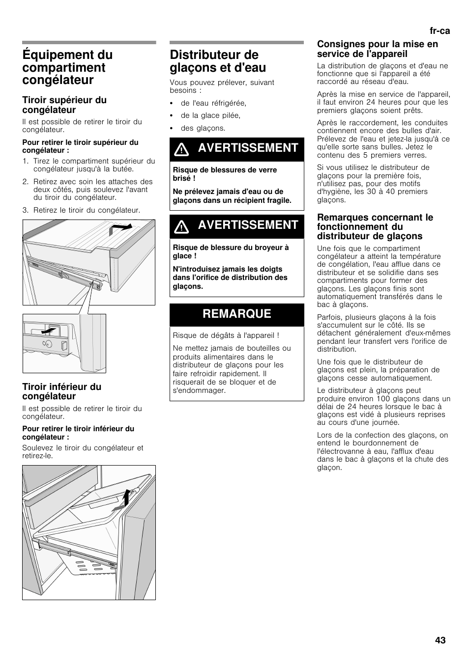 Équipement du compartiment congélateur, Distributeur de glaçons et d'eau, Avertissement | Remarque | Bosch B26FT70SNS User Manual | Page 43 / 78