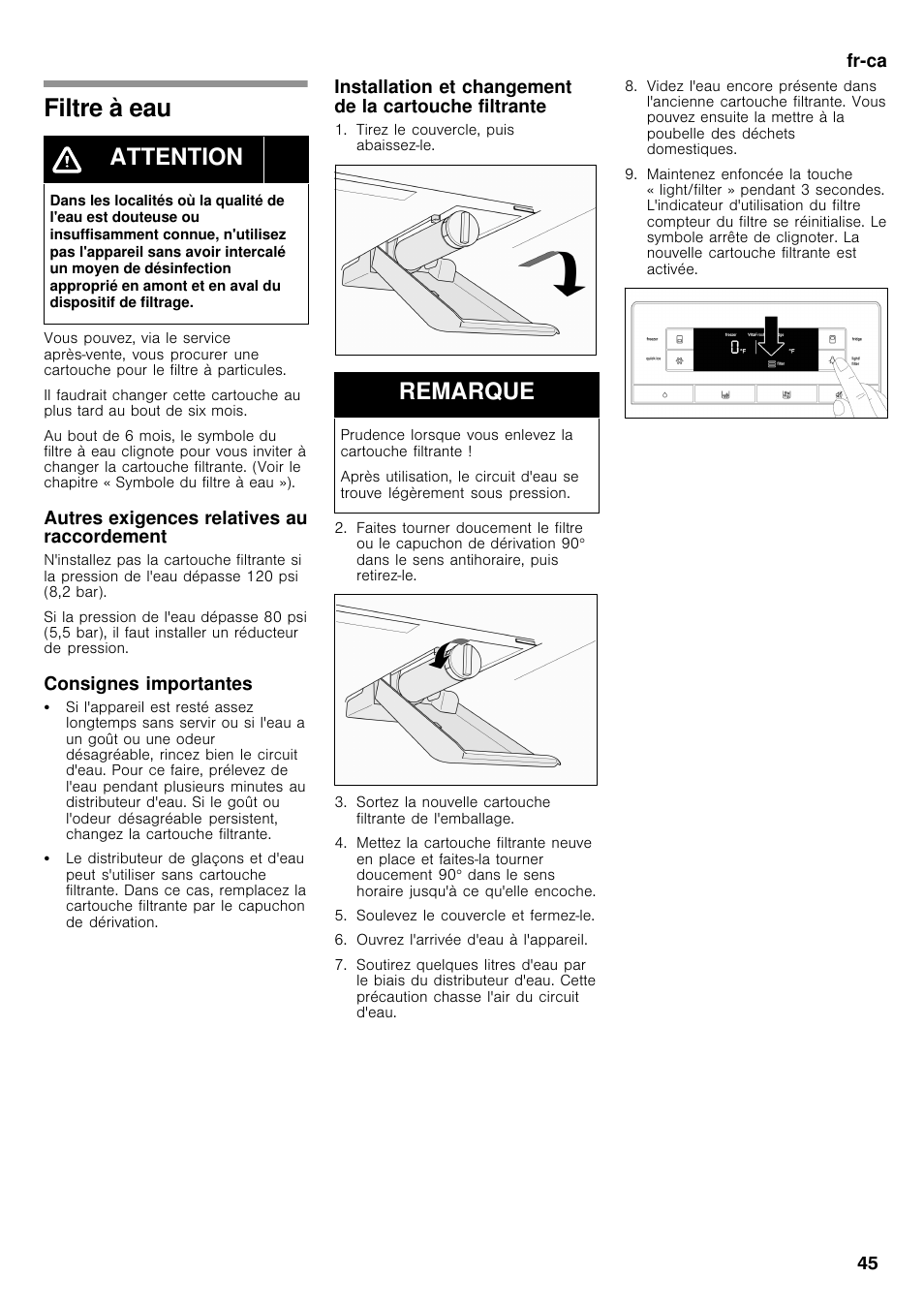 Filtre à eau, Attention, Remarque | Bosch B26FT70SNS User Manual | Page 45 / 78