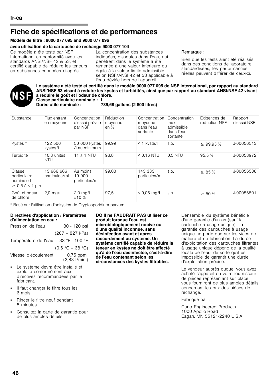 Fiche de spécifications et de performances, Fr-ca 46 | Bosch B26FT70SNS User Manual | Page 46 / 78