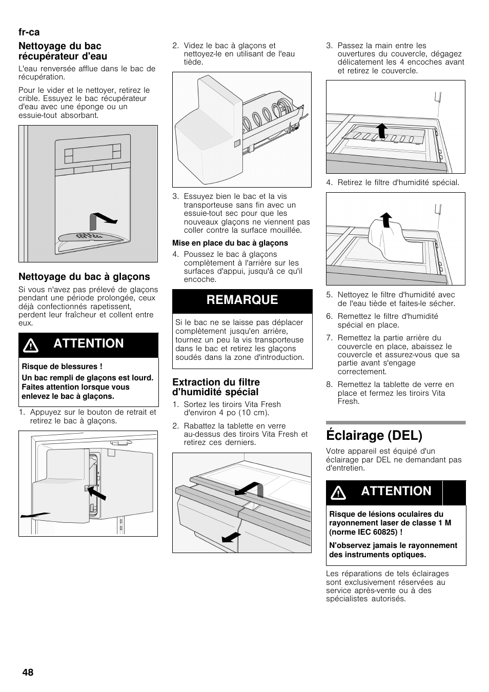 Éclairage (del), Attention, Remarque | Bosch B26FT70SNS User Manual | Page 48 / 78