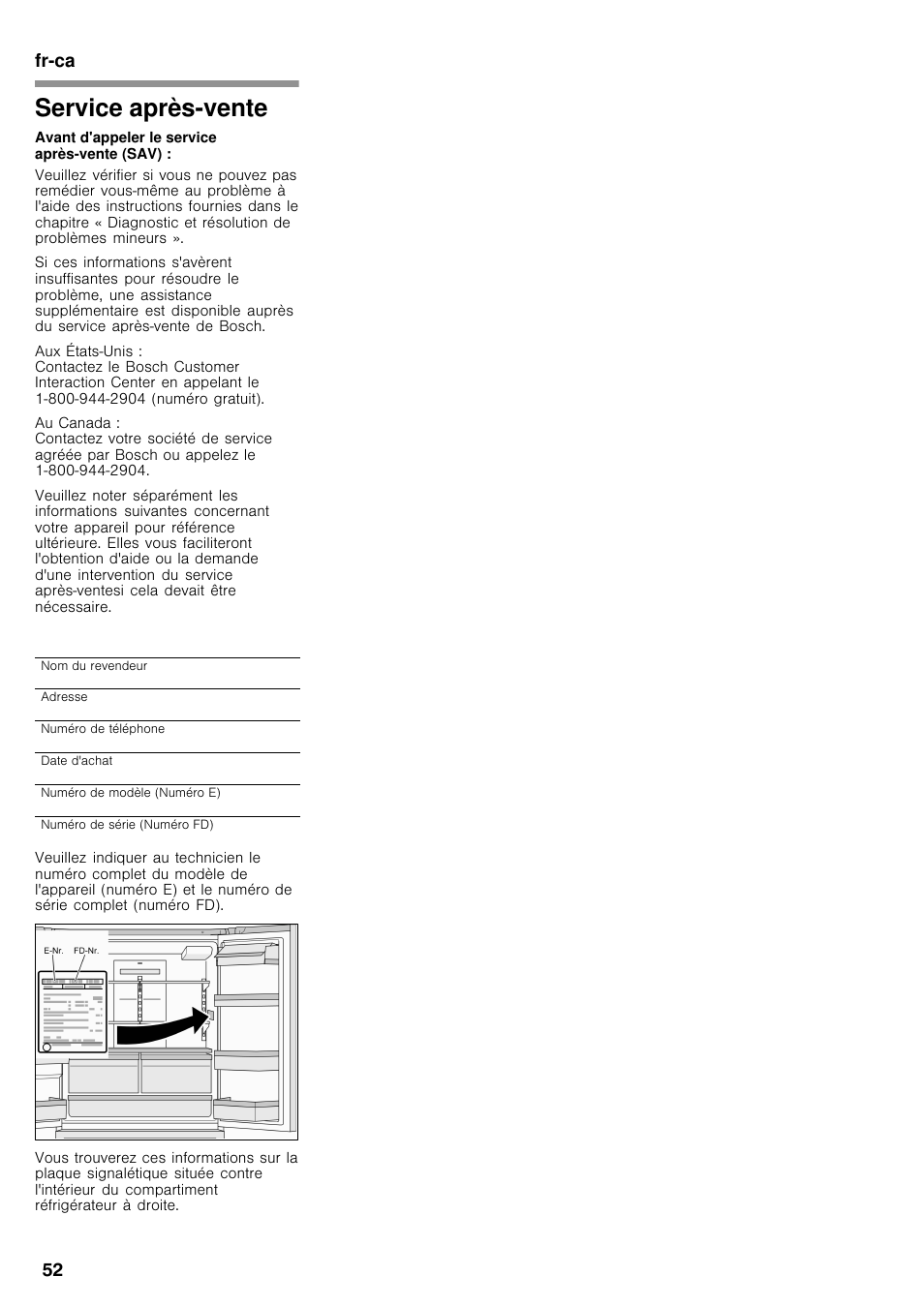 Service après-vente, Fr-ca 52 | Bosch B26FT70SNS User Manual | Page 52 / 78