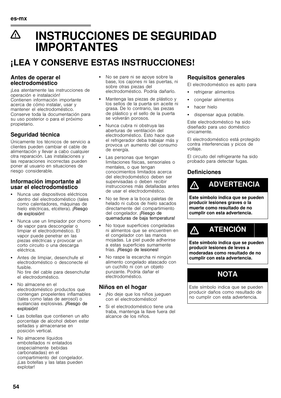 Instrucciones de seguridad, Importantes, Instrucciones de seguridad importantes | Lea y conserve estas instrucciones, Advertencia, Atención, Nota | Bosch B26FT70SNS User Manual | Page 54 / 78