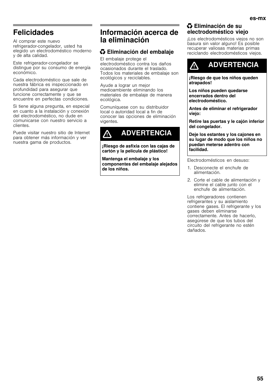Felicidades, Información acerca de la eliminación, Advertencia | Bosch B26FT70SNS User Manual | Page 55 / 78