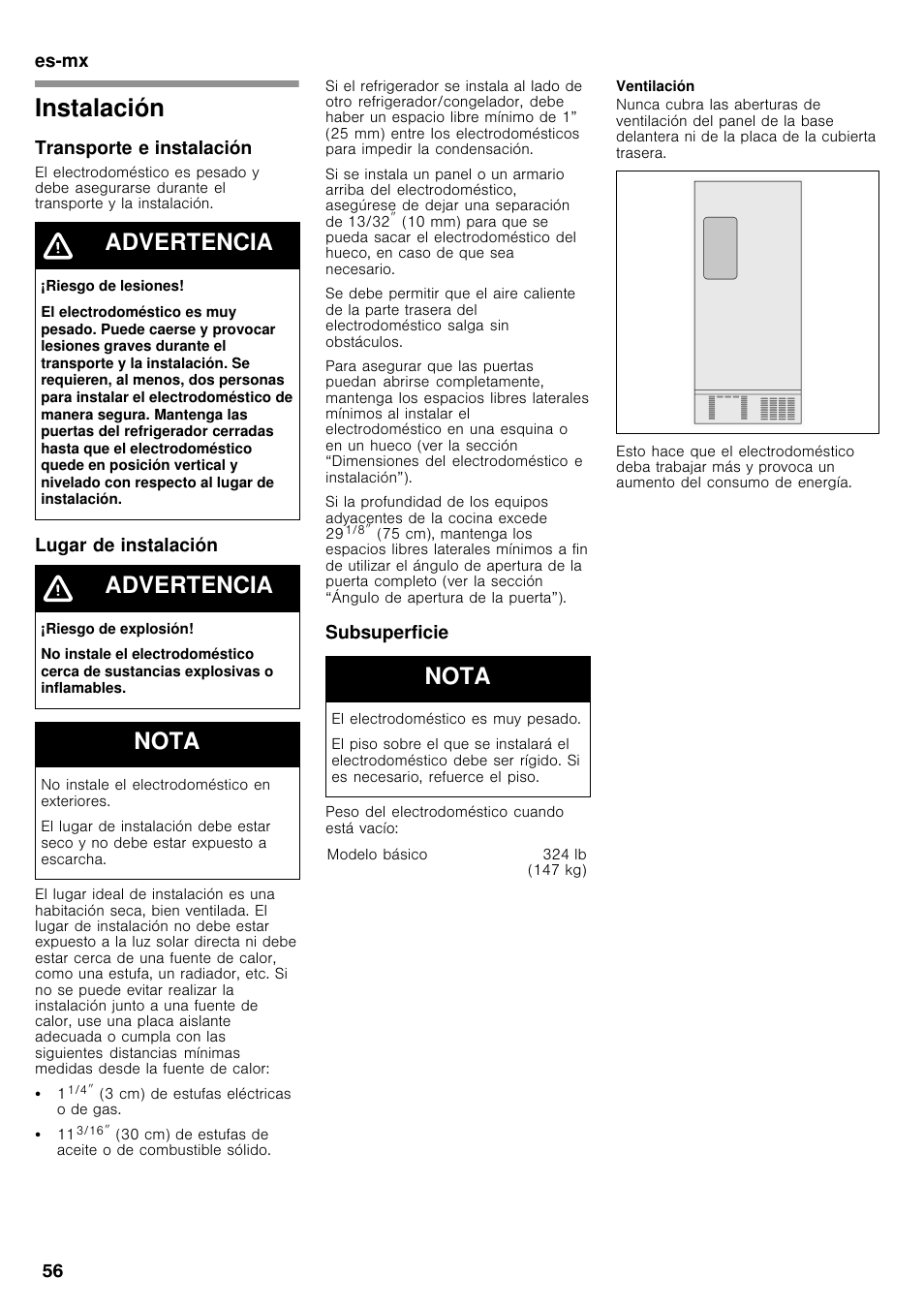 Instalación, Advertencia, Nota | Bosch B26FT70SNS User Manual | Page 56 / 78