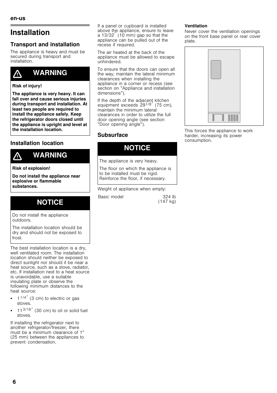 Installation, Warning, Notice | Bosch B26FT70SNS User Manual | Page 6 / 78