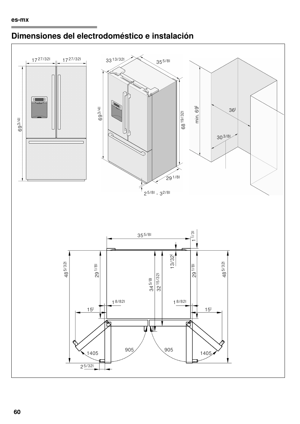 Dimensiones del electrodoméstico, E instalación, Dimensiones del electrodoméstico e instalación | Es-mx 60 | Bosch B26FT70SNS User Manual | Page 60 / 78