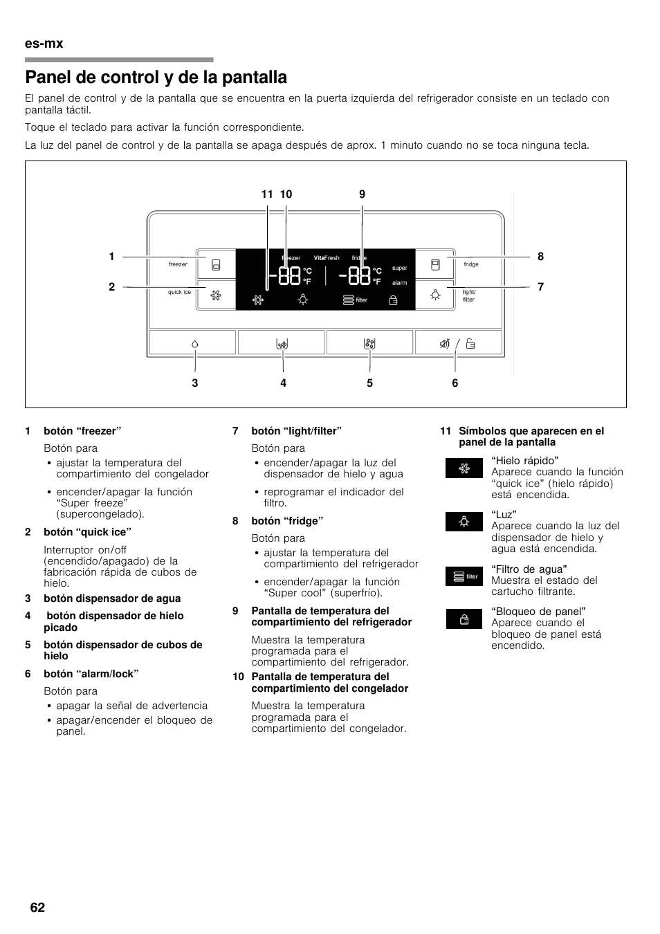 Panel de control y de la pantalla, Es-mx 62 | Bosch B26FT70SNS User Manual | Page 62 / 78