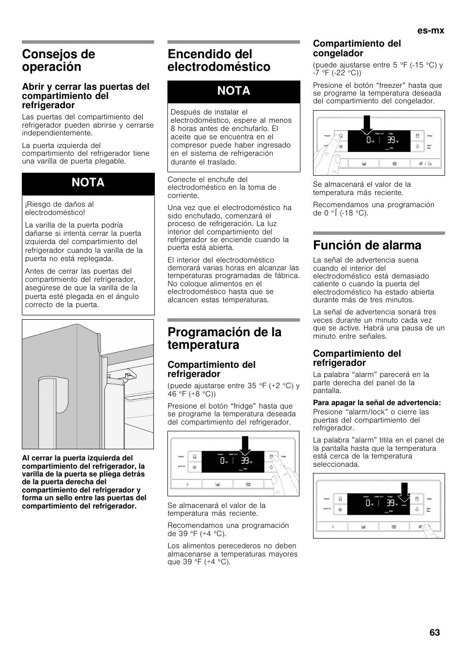 Consejos de operación, Encendido del electrodoméstico, Programación de la temperatura | Función de alarma, Nota | Bosch B26FT70SNS User Manual | Page 63 / 78