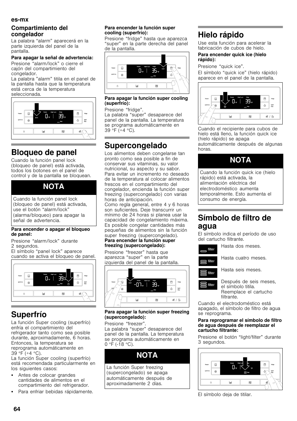 Bloqueo de panel, Superfrío, Supercongelado | Hielo rápido, Símbolo de filtro de agua, Nota | Bosch B26FT70SNS User Manual | Page 64 / 78