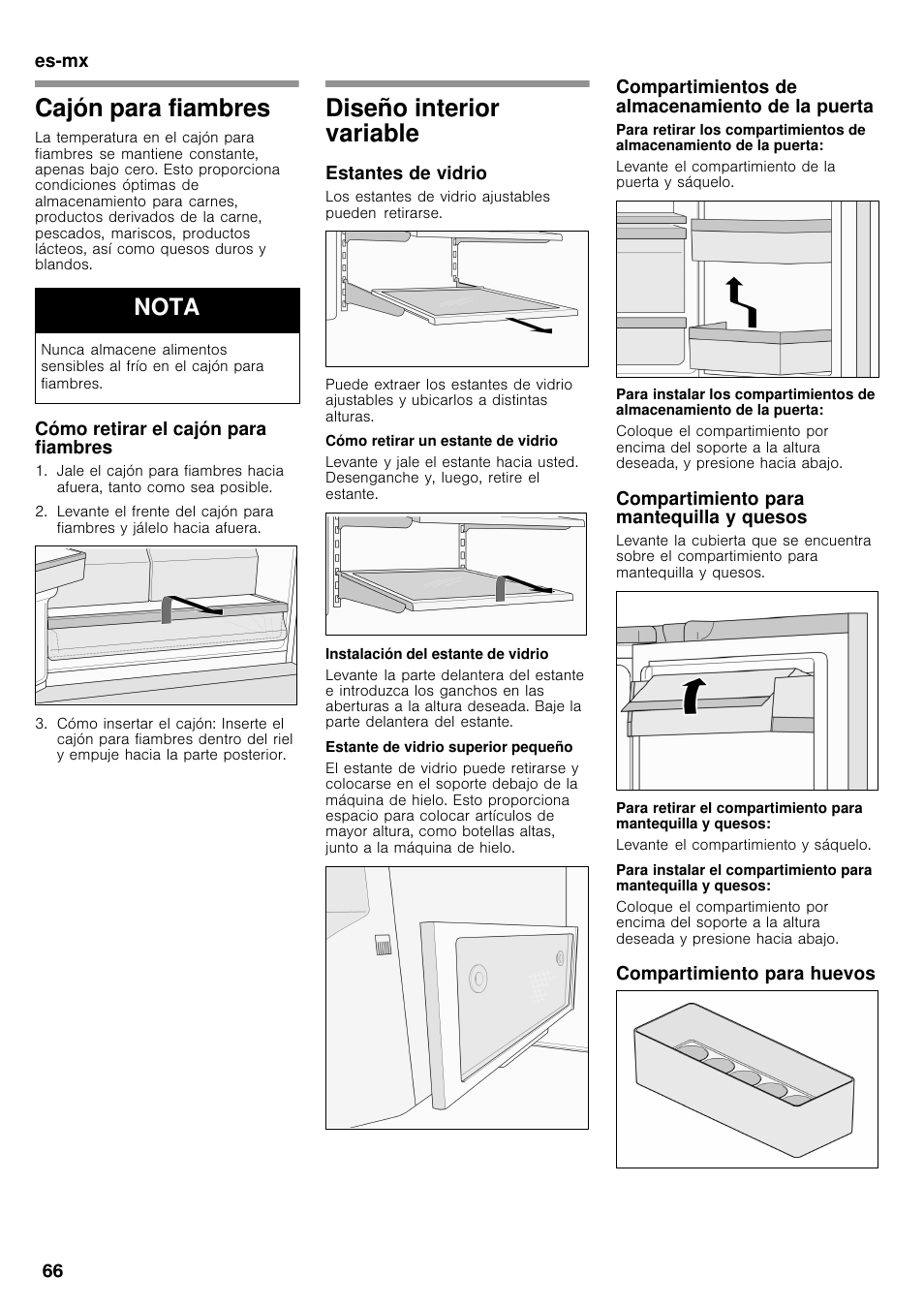 Cajón para fiambres, Diseño interior variable, Nota | Bosch B26FT70SNS User Manual | Page 66 / 78