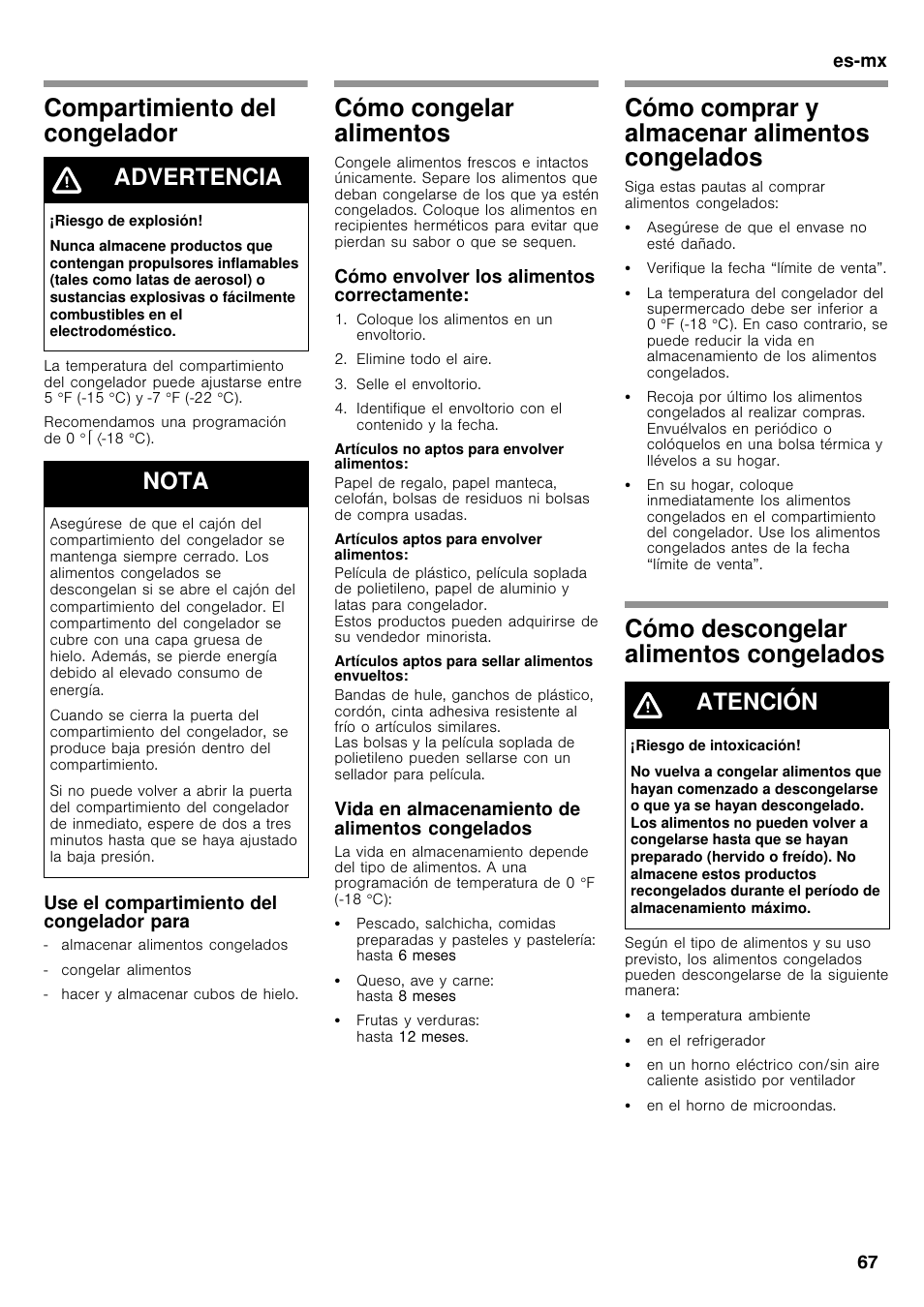 Compartimiento del congelador, Cómo congelar alimentos, Cómo comprar y almacenar alimentos | Congelados, Cómo descongelar alimentos congelados, Cómo comprar y almacenar alimentos congelados, Advertencia, Nota, Atención | Bosch B26FT70SNS User Manual | Page 67 / 78